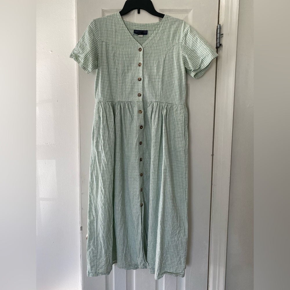 Green Gingham Button-Down Dress
